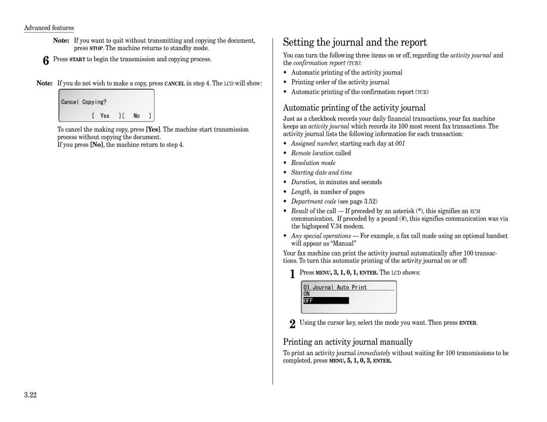 Muratec F-360 manual Setting the journal and the report, Automatic printing of the activity journal, Department code see 