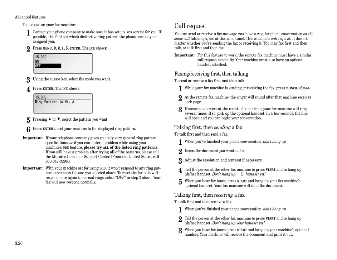 Muratec F-360 Faxing/receiving first, then talking, Talking first, then sending a fax, Talking first, then receiving a fax 