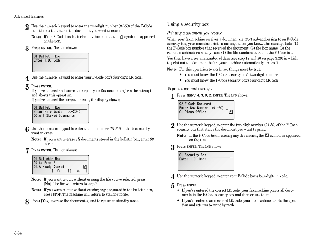 Muratec F-360 manual Using a security box, Printing a document you receive 