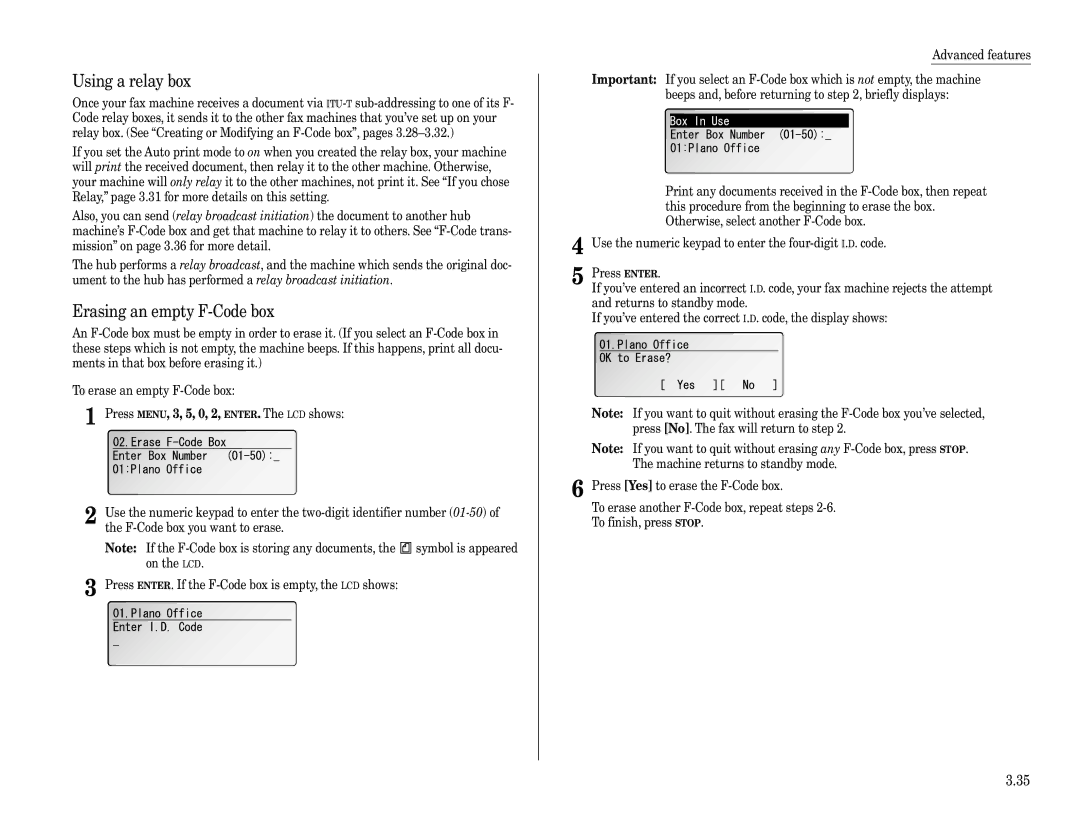 Muratec F-360 manual Using a relay box, Erasing an empty F-Code box 