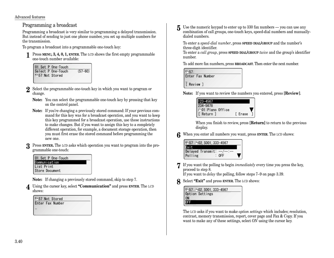 Muratec F-360 manual Programming a broadcast 