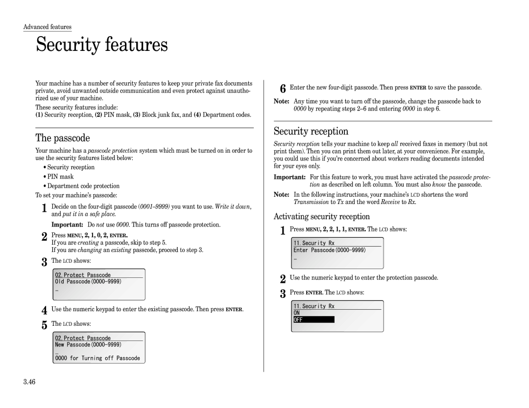 Muratec F-360 manual Security features, Passcode, Security reception, Activating security reception 