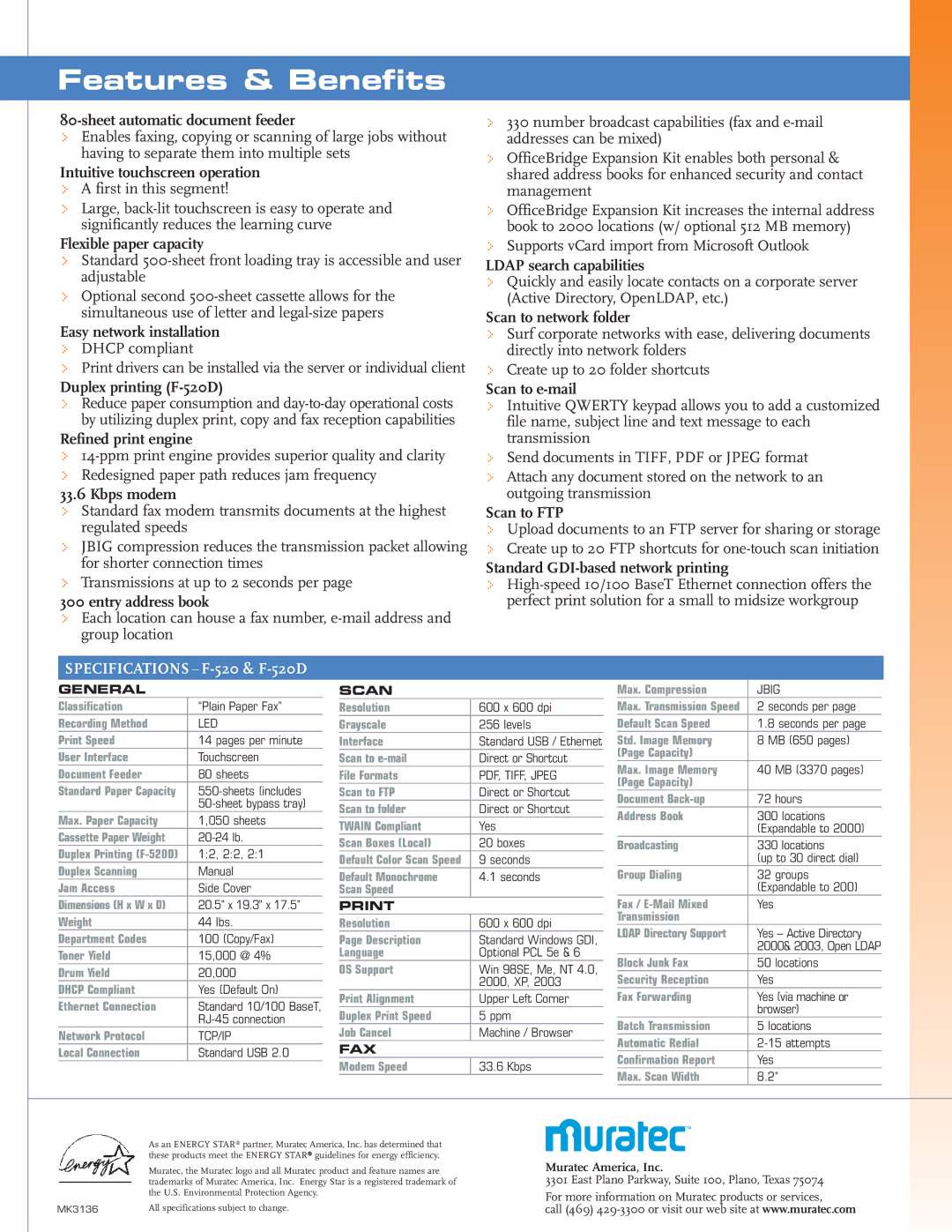Muratec F-520D manual Sheet automatic document feeder, Intuitive touchscreen operation, Flexible paper capacity, Kbps modem 