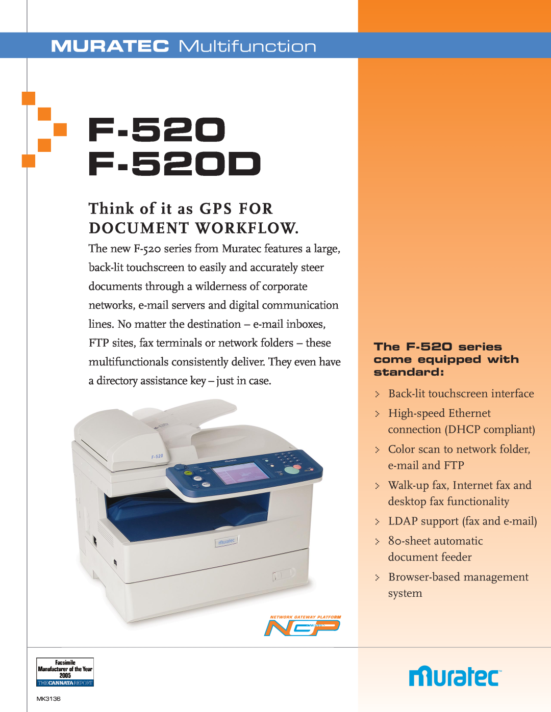 Muratec F-520D manual MURATEC Multifunction, FF--520520D, Think of it as GPS FOR DOCUMENT WORKFLOW 