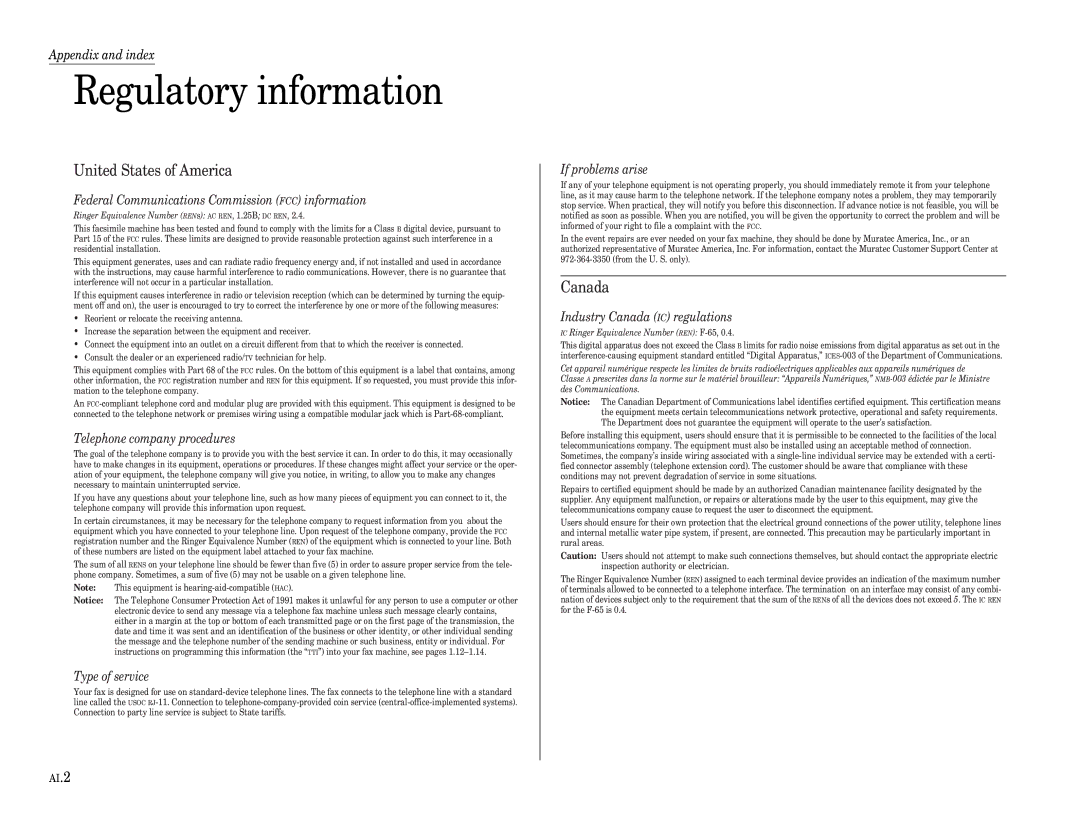 Muratec F-65 operating instructions Regulatory information 