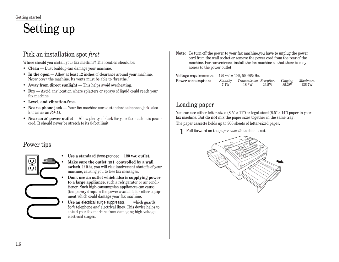 Muratec F-65 Setting up, Pick an installation spot first, Power tips, Loading paper, Level, and vibration-free 