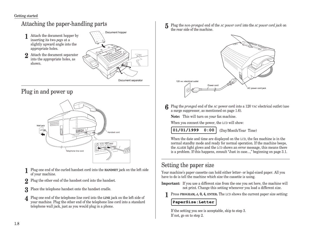 Muratec F-65 Attaching the paper-handling parts, Plug in and power up, Setting the paper size, PaperSizeLetter 