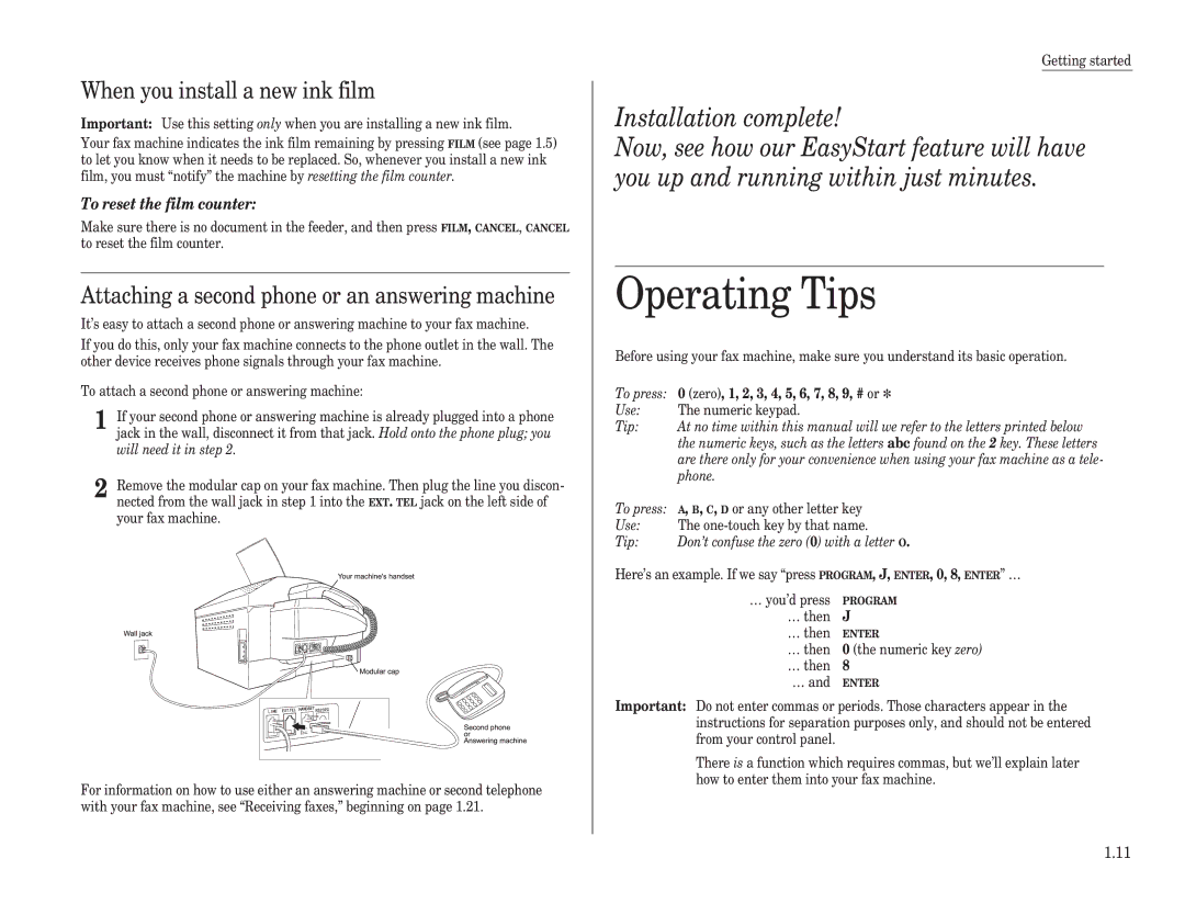 Muratec F-65 Operating Tips, When you install a new ink film, Attaching a second phone or an answering machine, To press 