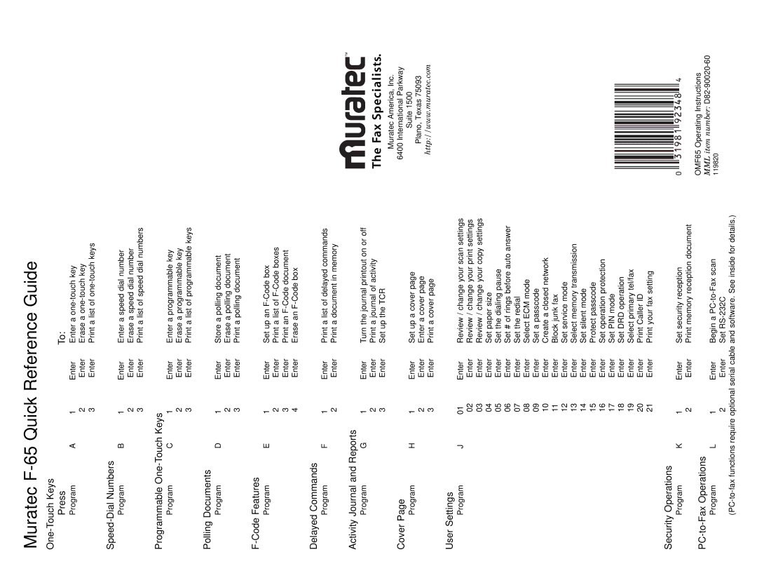 Muratec operating instructions Muratec F-65 Quick Reference Guide 