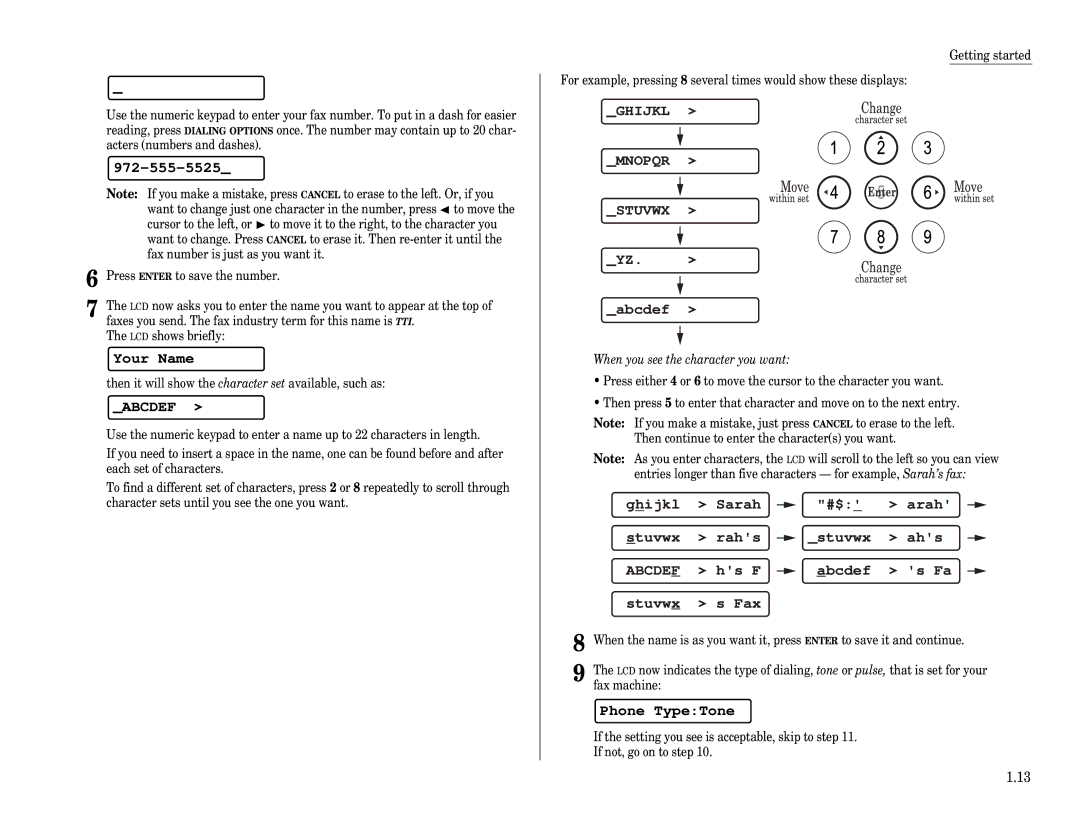 Muratec F-65 operating instructions Your Name, Abcdef, Phone TypeTone, When you see the character you want 