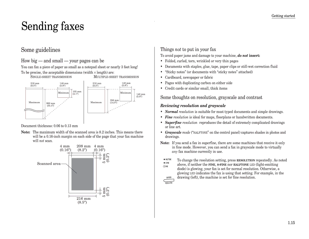 Muratec F-65 Sending faxes, Some guidelines, How big and small your pages can be, Things not to put in your fax 