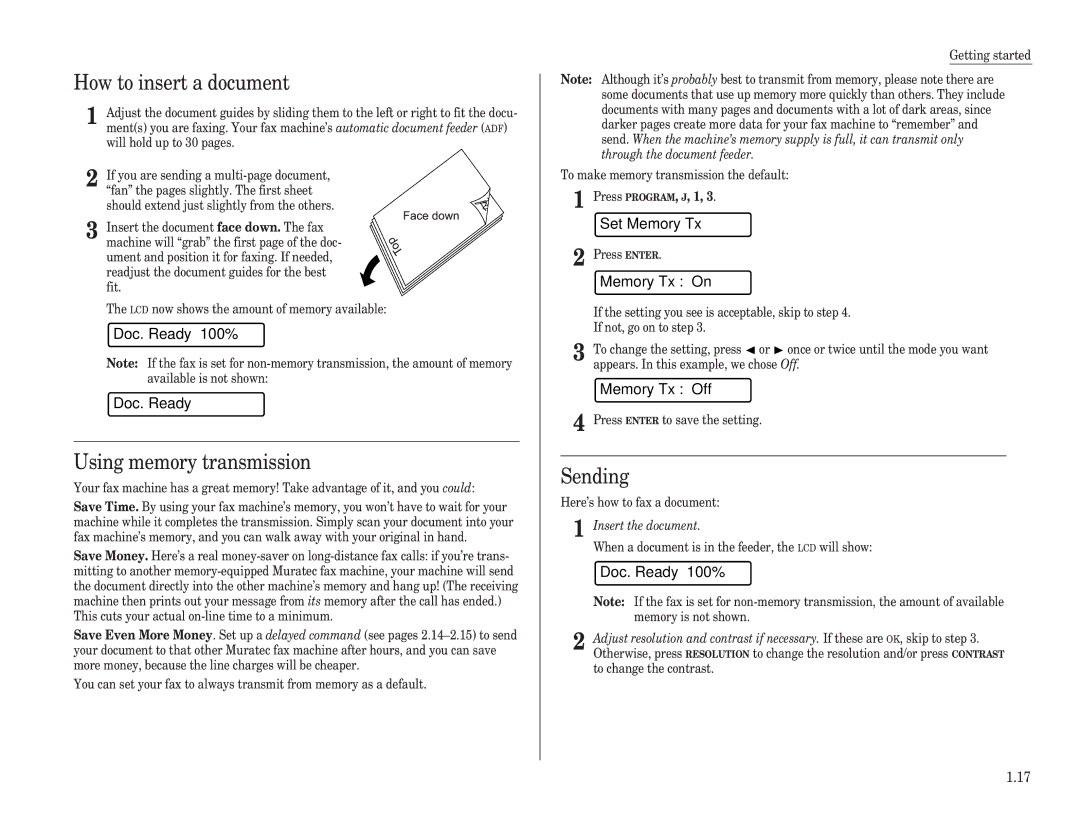 Muratec F-65 operating instructions How to insert a document, Using memory transmission, Sending 