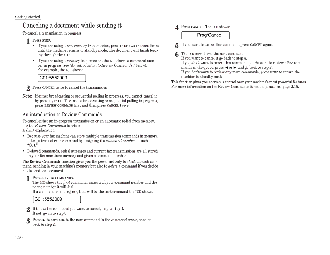 Muratec F-65 Canceling a document while sending it, C015552009, An introduction to Review Commands, Prog/Cancel 