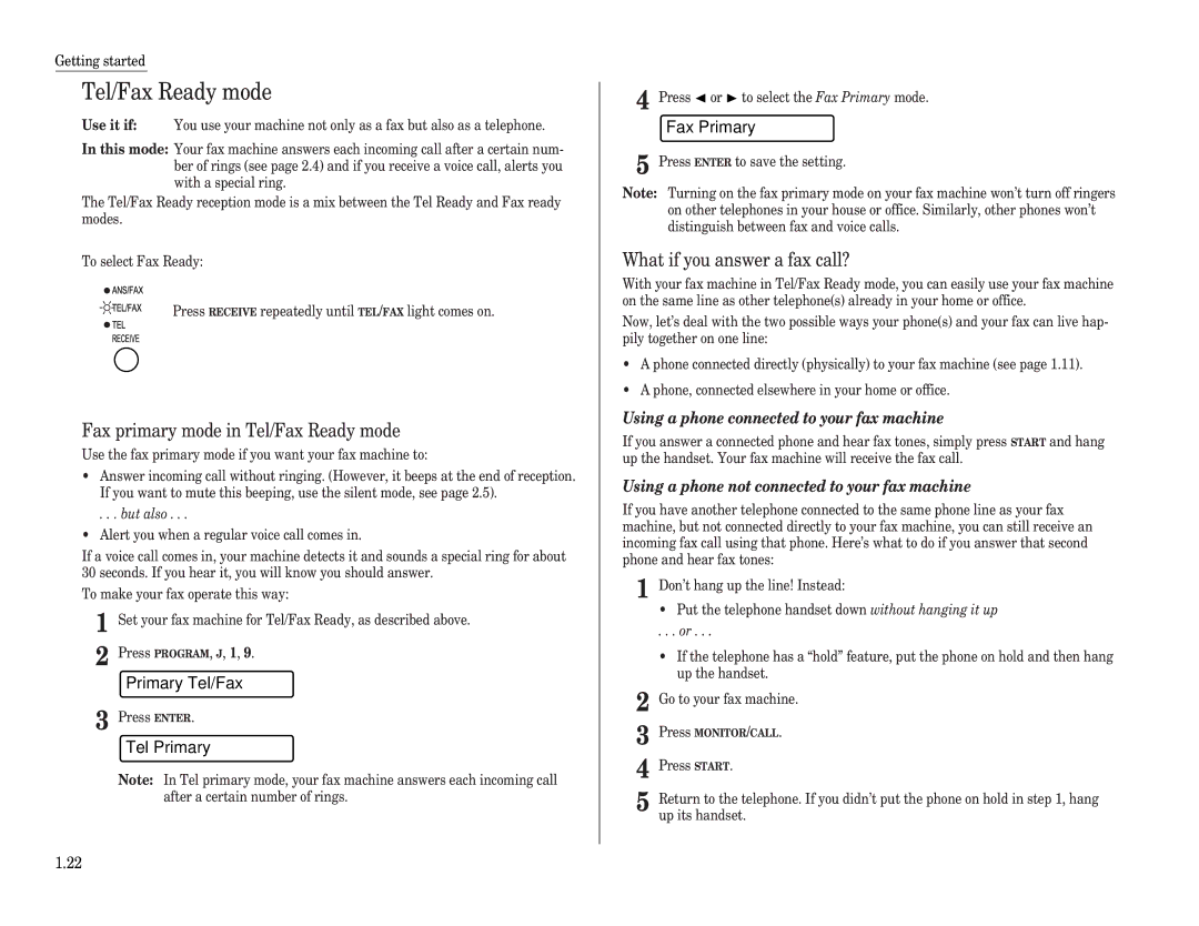 Muratec F-65 operating instructions Tel/Fax Ready mode, Primary Tel/Fax, Tel Primary, Fax Primary 