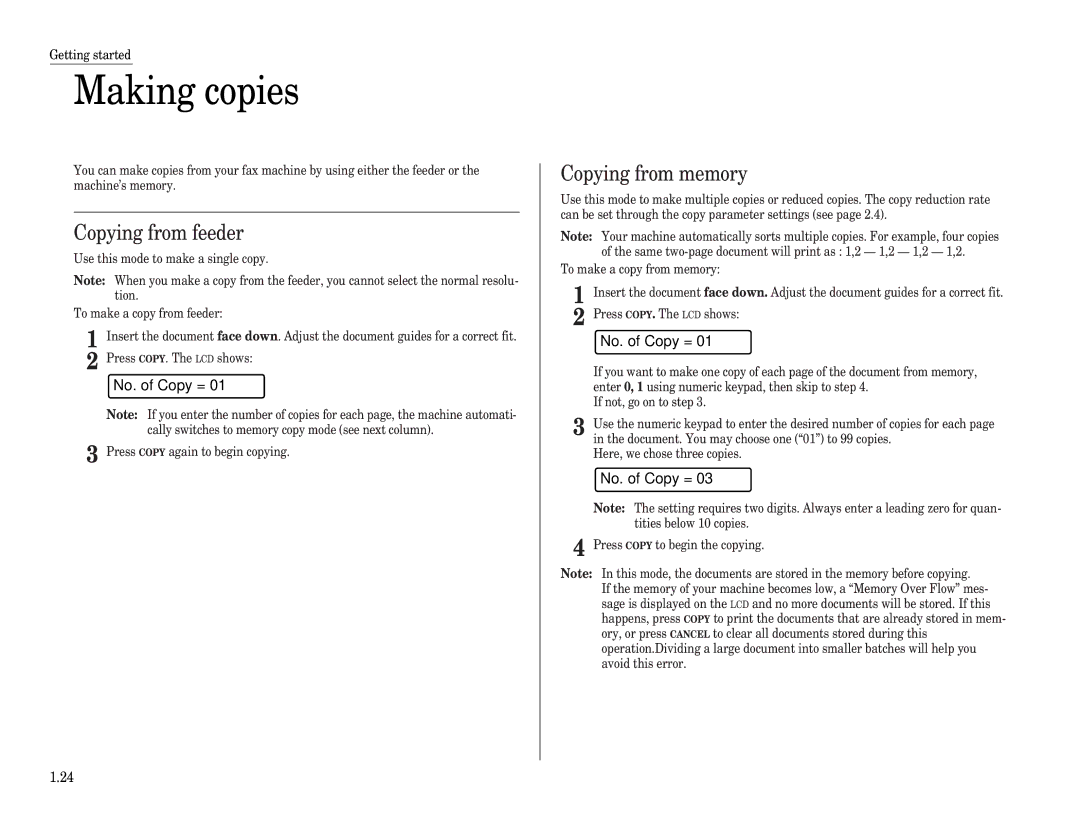 Muratec F-65 operating instructions Making copies, Copying from feeder, Copying from memory, No. of Copy = 