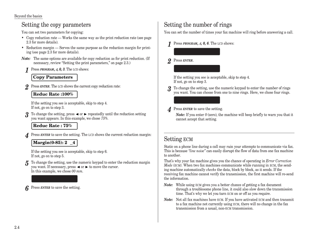 Muratec F-65 operating instructions Setting the copy parameters, Setting the number of rings, Setting ECM 