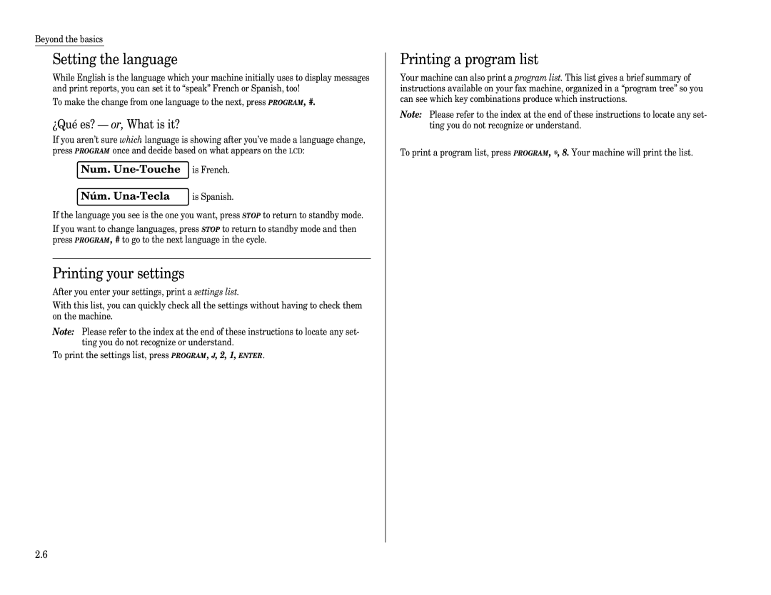 Muratec F-65 Setting the language, Printing your settings, Printing a program list, Num Une-Touche, Núm Una-Tecla 