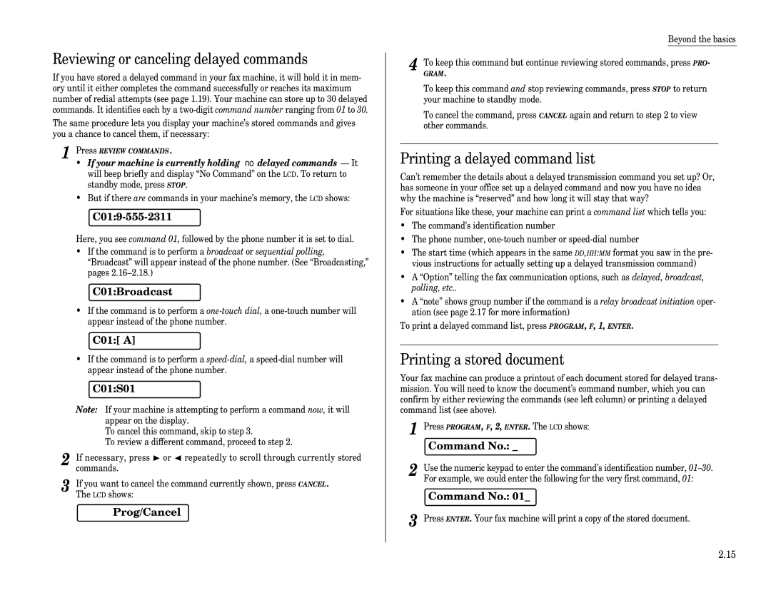 Muratec F-65 Reviewing or canceling delayed commands, Printing a delayed command list, Printing a stored document 