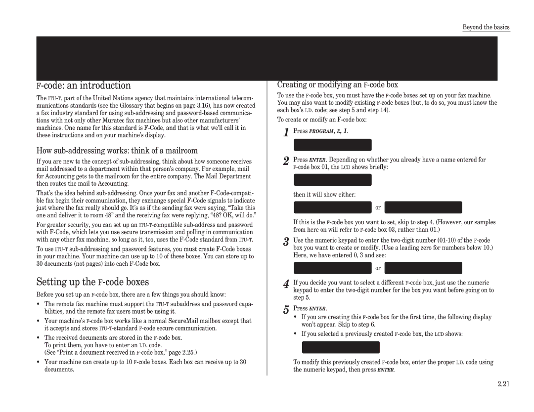 Muratec F-65 operating instructions Code communication, Code an introduction, Setting up the F-code boxes 