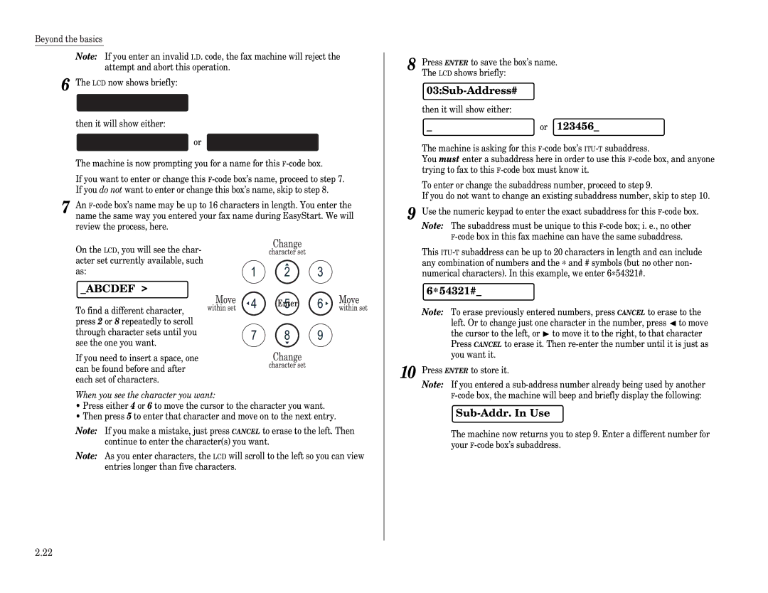 Muratec F-65 operating instructions 01Box Name, 03Sub-Address#, 54321#, Sub-Addr. In Use 