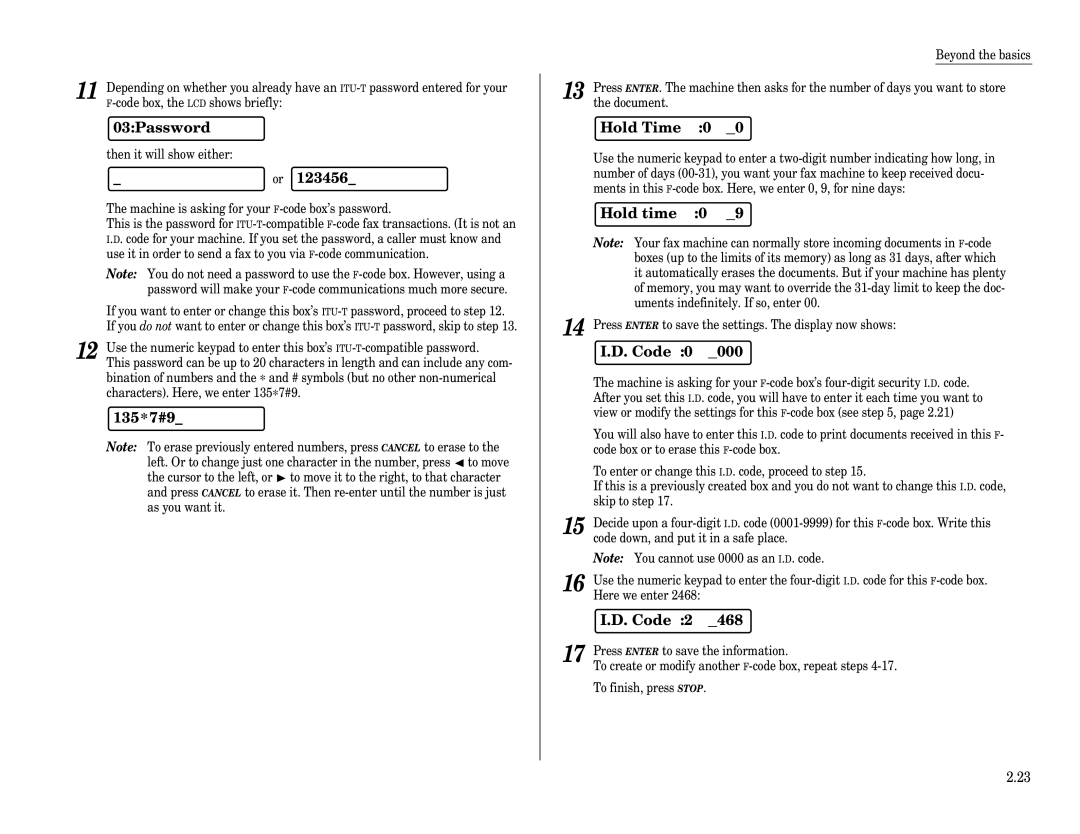 Muratec F-65 operating instructions 03Password, 135*7#9, Hold Time 