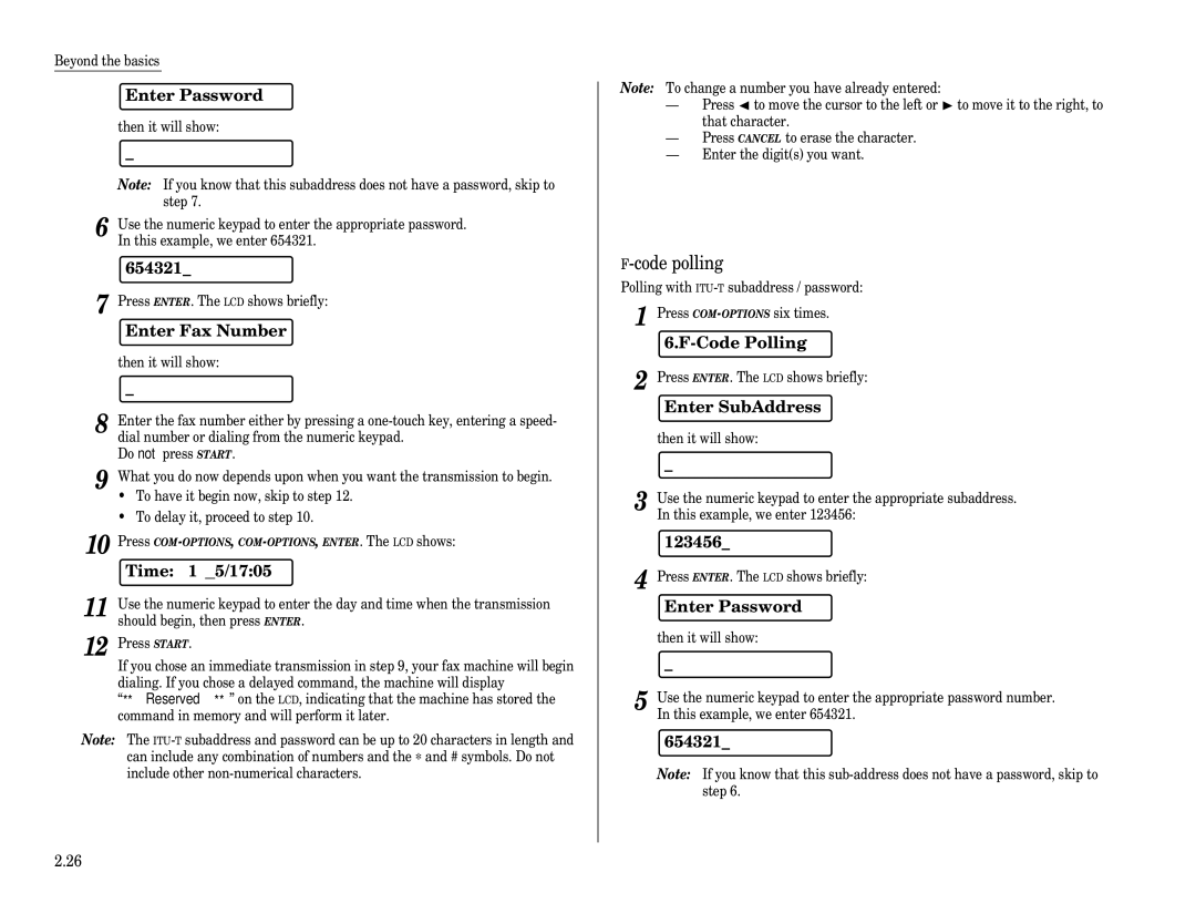 Muratec F-65 operating instructions Enter Password, 654321, Code polling, Code Polling 