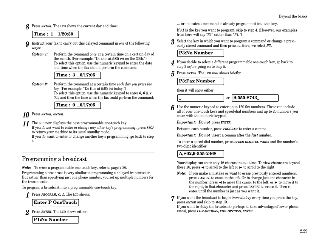 Muratec F-65 operating instructions Programming a broadcast, Time 11/2030, Time 30/1705, Time 00/1705, S02,9-555-2468 