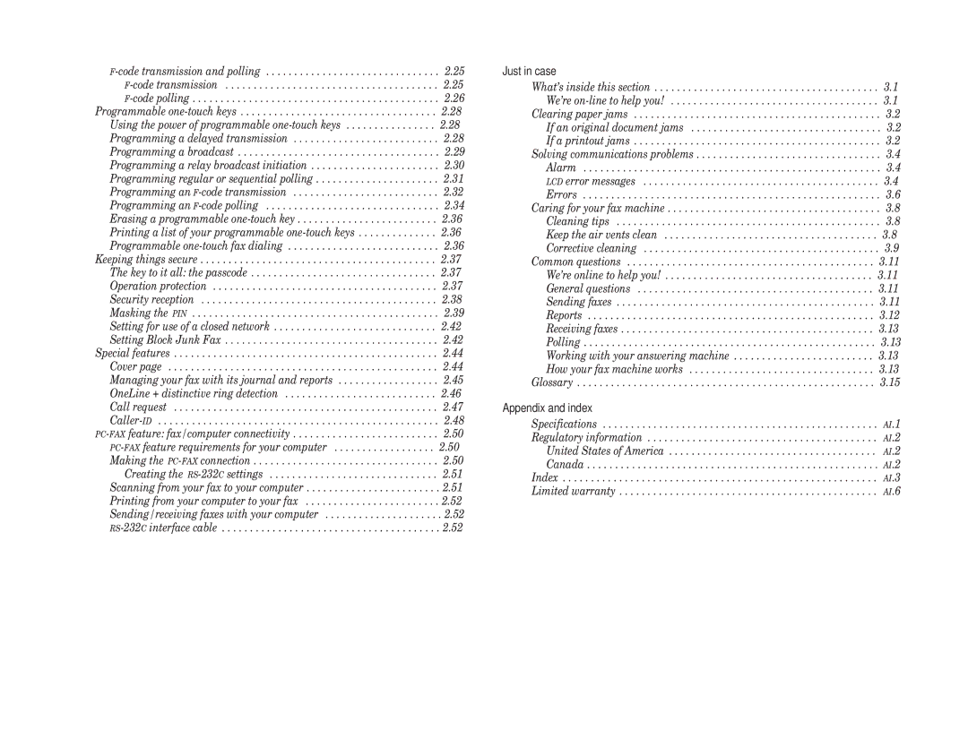 Muratec F-65 operating instructions Just in case …, Appendix and index 