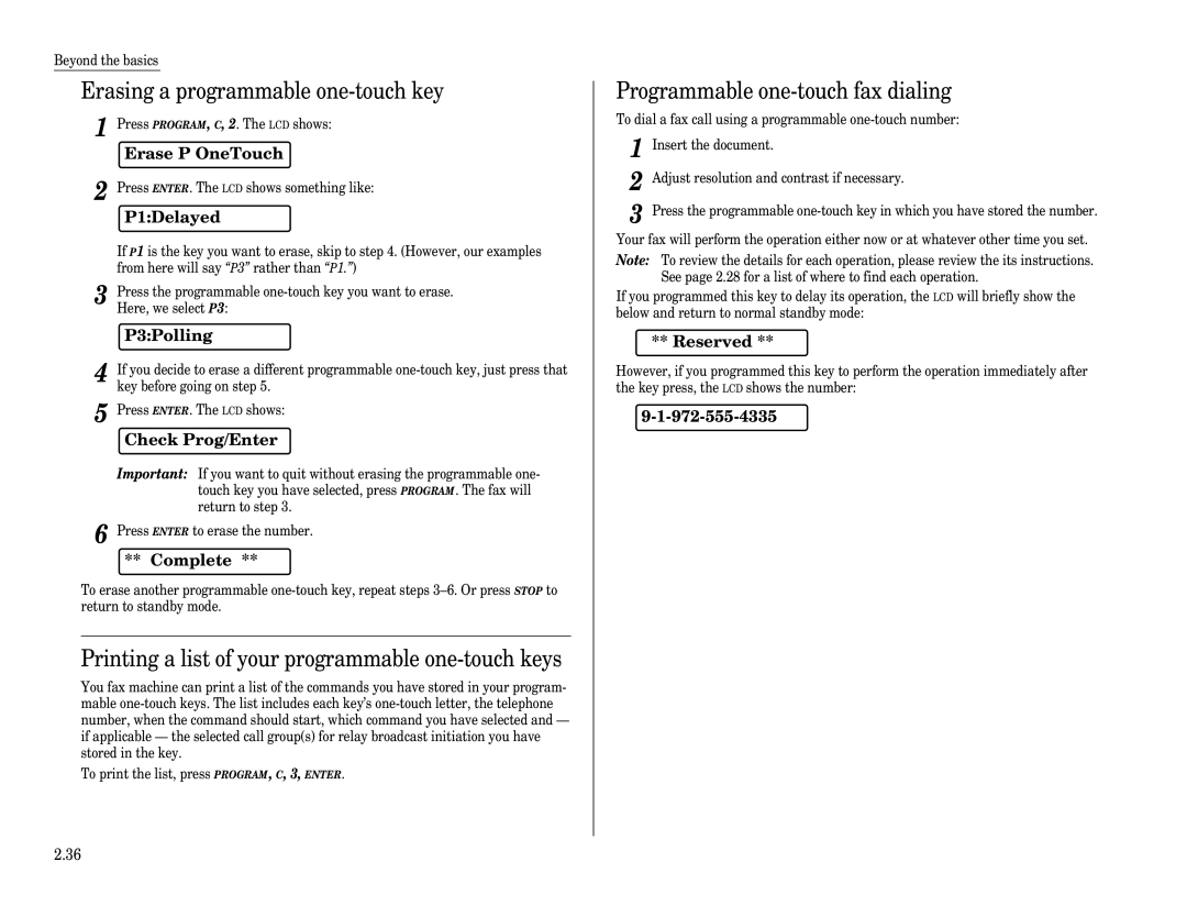 Muratec F-65 Erasing a programmable one-touch key, Printing a list of your programmable one-touch keys 