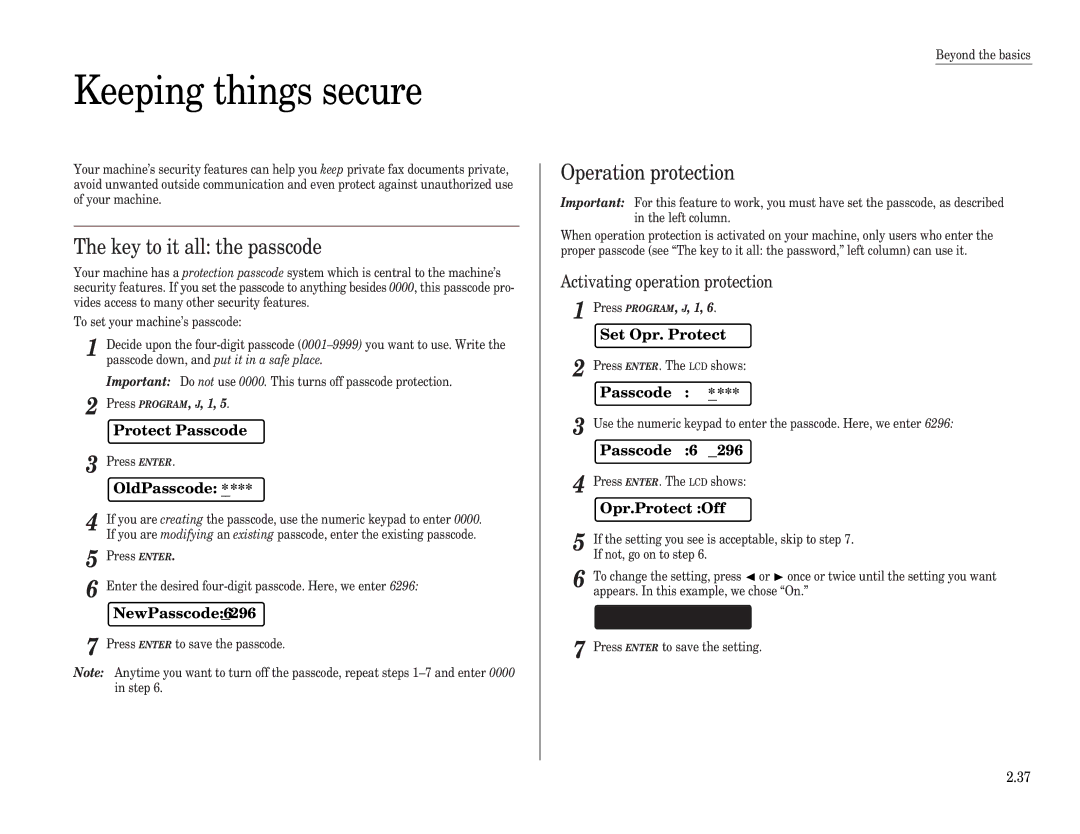 Muratec F-65 operating instructions Keeping things secure, Key to it all the passcode, Operation protection 