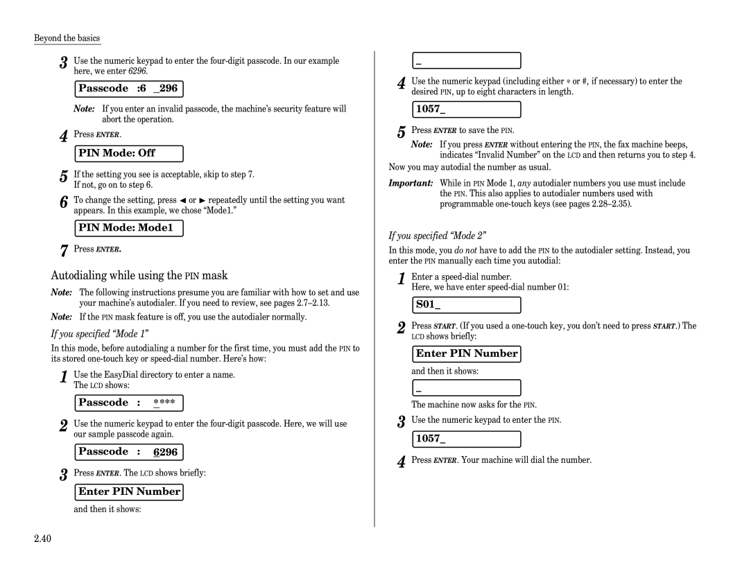 Muratec F-65 operating instructions Enter PIN Number, 1057, S01 