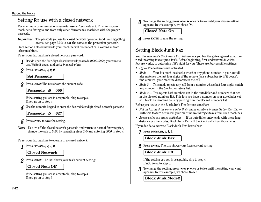 Muratec F-65 operating instructions Setting for use with a closed network, Setting Block Junk Fax 