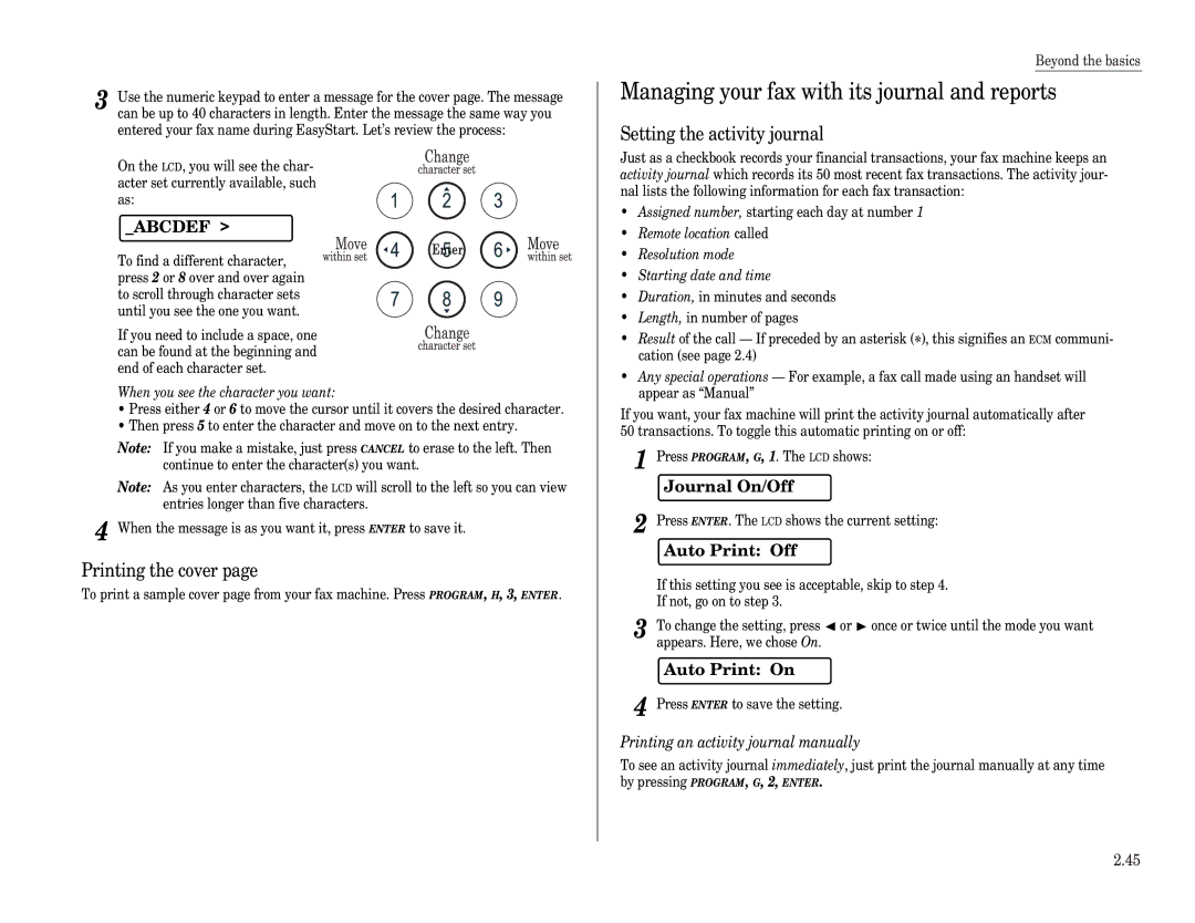 Muratec F-65 Managing your fax with its journal and reports, Journal On/Off, Auto Print Off, Auto Print On 