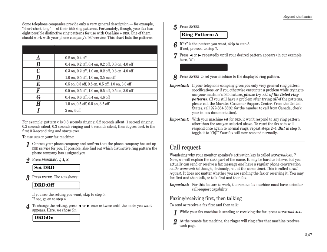 Muratec F-65 operating instructions Set DRD, DRDOff, DRDOn, Ring Pattern a, Ring Pattern C 