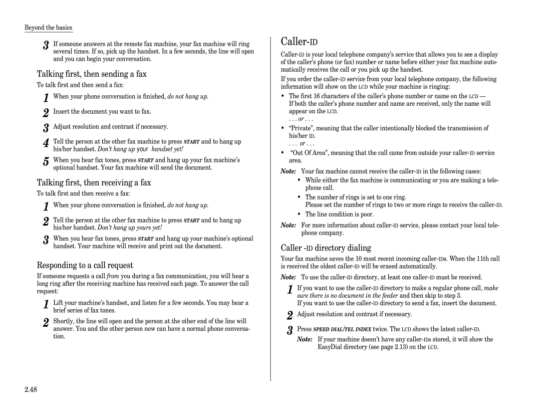 Muratec F-65 operating instructions Caller-ID, Talking first, then sending a fax, Talking first, then receiving a fax 