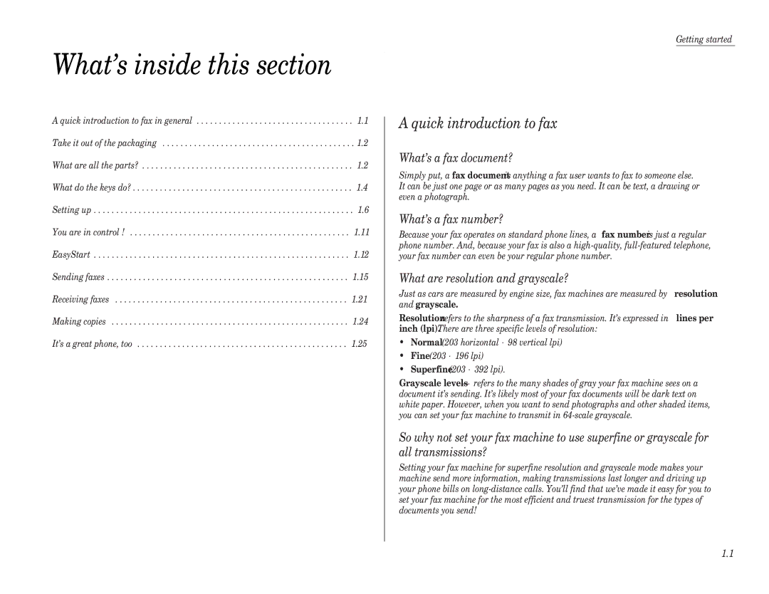 Muratec F-65 What’s inside this section, Quick introduction to fax, What’s a fax document?, What’s a fax number? 