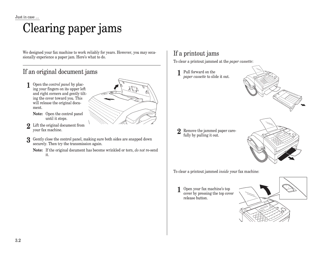 Muratec F-65 operating instructions Clearing paper jams, If an original document jams, If a printout jams 