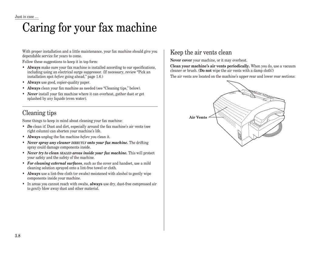 Muratec F-65 operating instructions Caring for your fax machine, Cleaning tips, Keep the air vents clean 