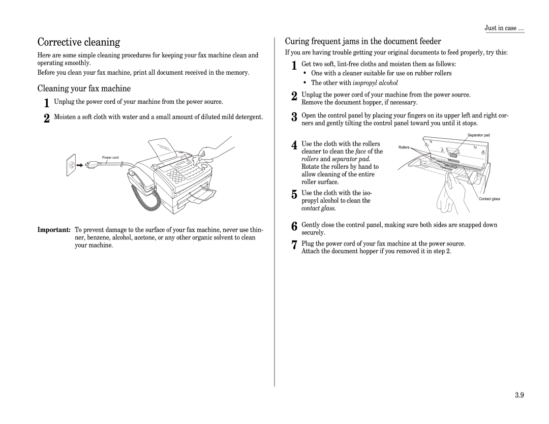Muratec F-65 Corrective cleaning, Curing frequent jams in the document feeder, Cleaning your fax machine 