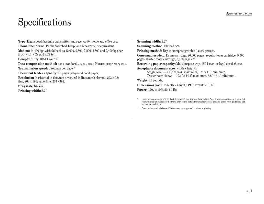 Muratec F-98 operating instructions Specifications, Appendix and index 