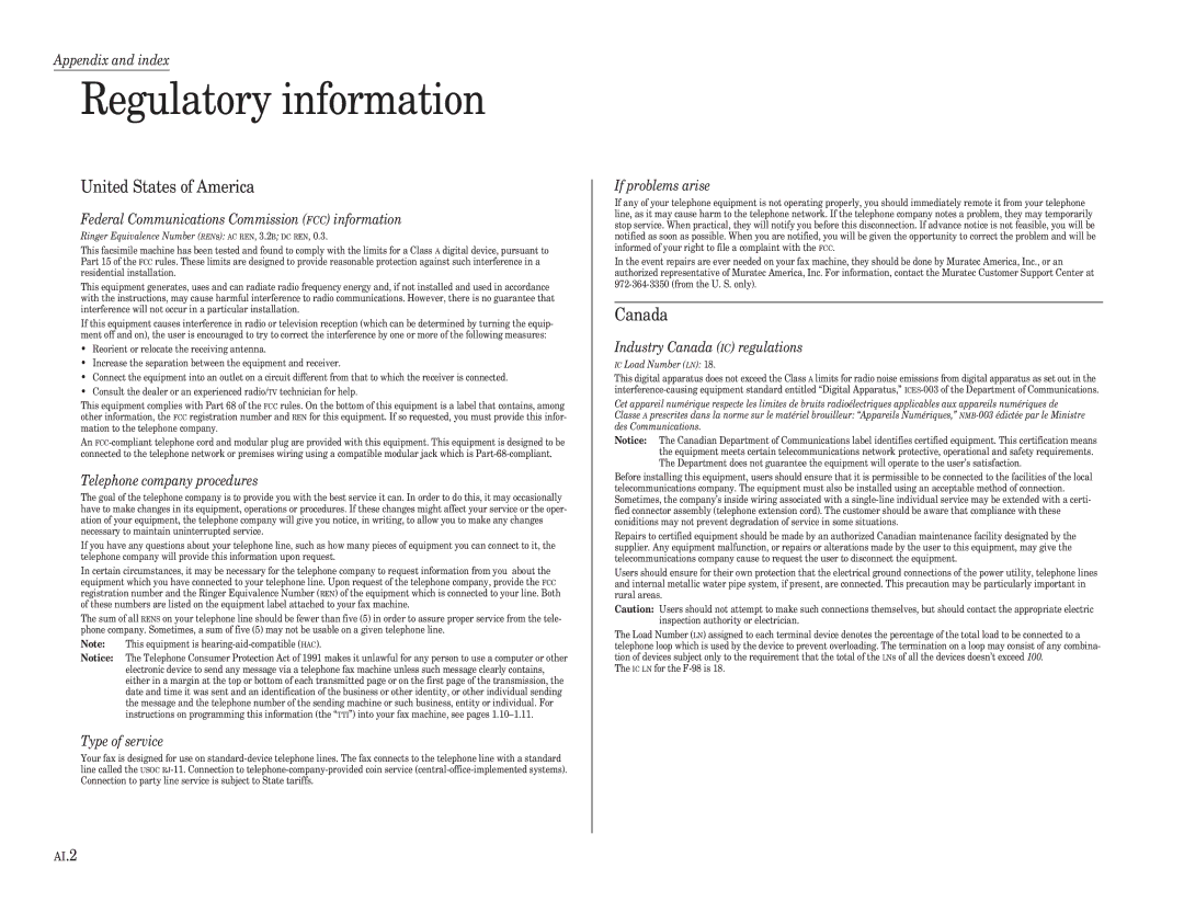 Muratec F-98 operating instructions Regulatory information 