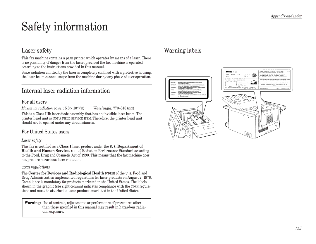 Muratec F-98 operating instructions Safety information, Laser safety, Internal laser radiation information, For all users 