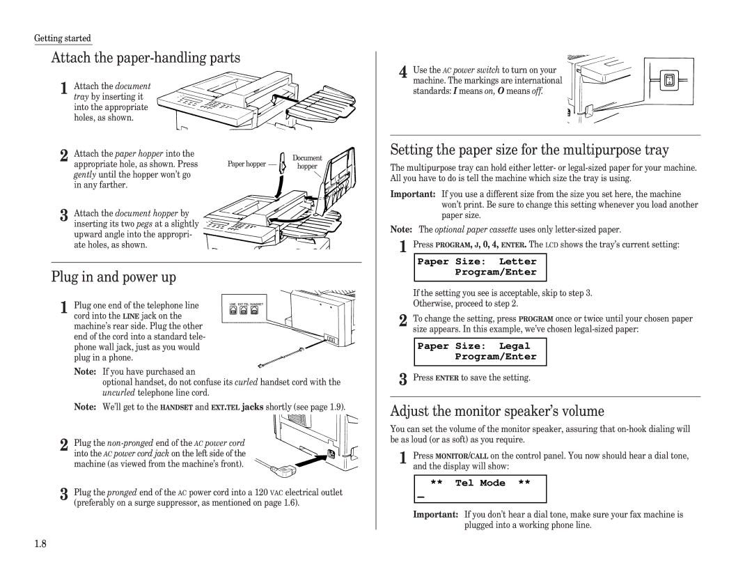 Muratec F-98 Attach the paper-handling parts, Plug in and power up, Setting the paper size for the multipurpose tray 