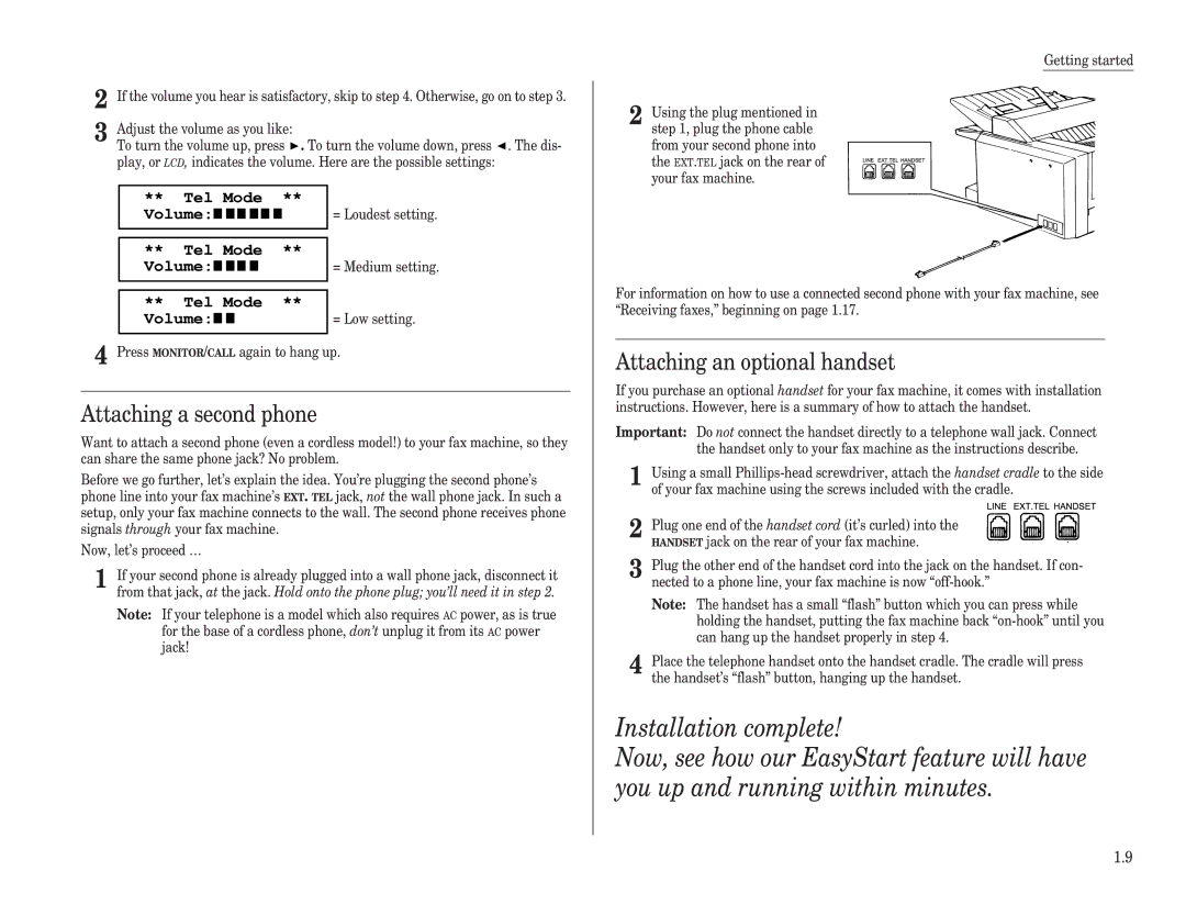 Muratec F-98 operating instructions Attaching a second phone, Attaching an optional handset, Tel Mode ** Volume 