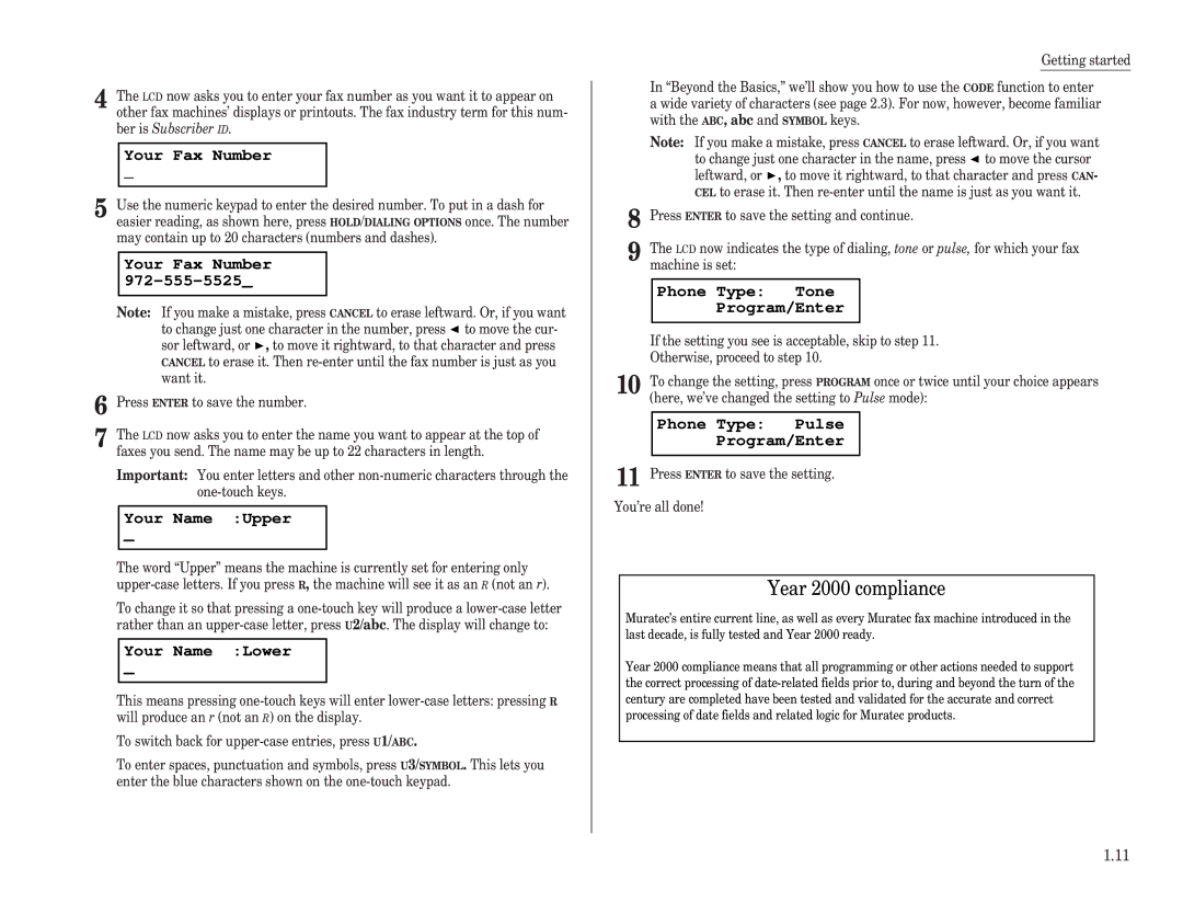 Muratec F-98 operating instructions Your Fax Number, Your Name Upper, Your Name Lower, Phone Type Tone Program/Enter 