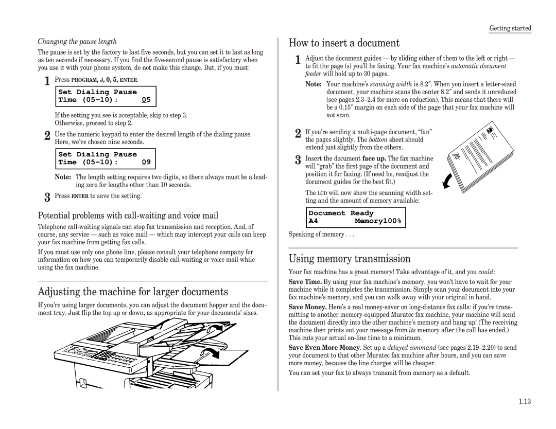 Muratec F-98 Adjusting the machine for larger documents, How to insert a document, Using memory transmission 