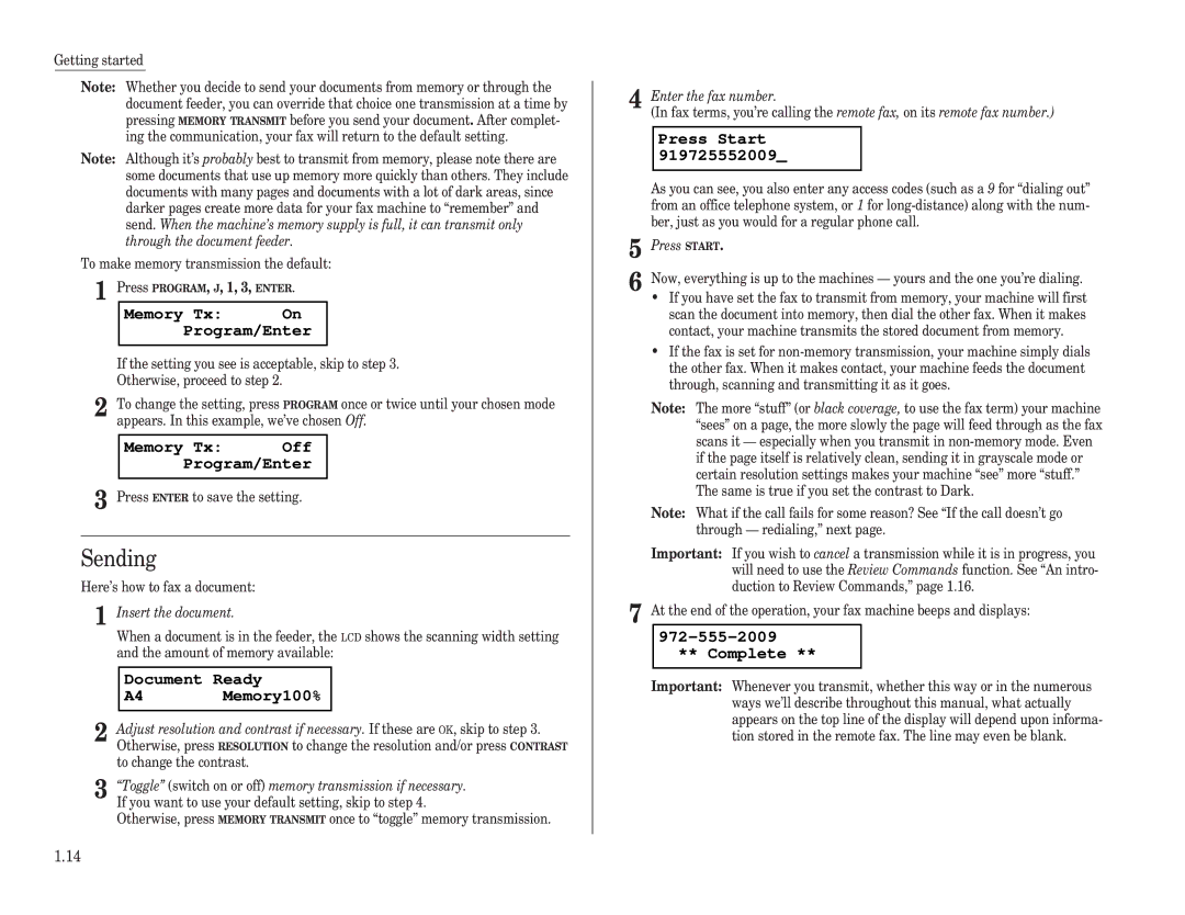 Muratec F-98 operating instructions Sending, Memory Tx On Program/Enter, Memory Tx Off Program/Enter, Press Start, Complete 