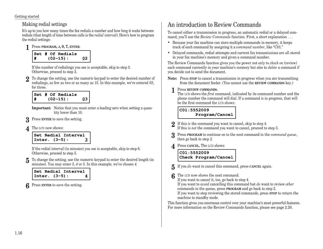 Muratec F-98 An introduction to Review Commands, Set # Of Redials # 02-15, Set Redial Interval Inter -5 