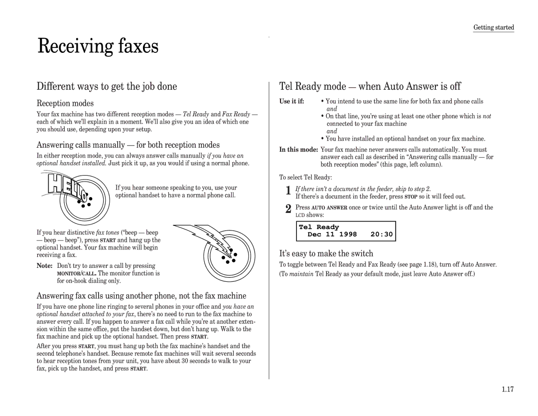 Muratec F-98 Receiving faxes, Different ways to get the job done, Tel Ready mode when Auto Answer is off 