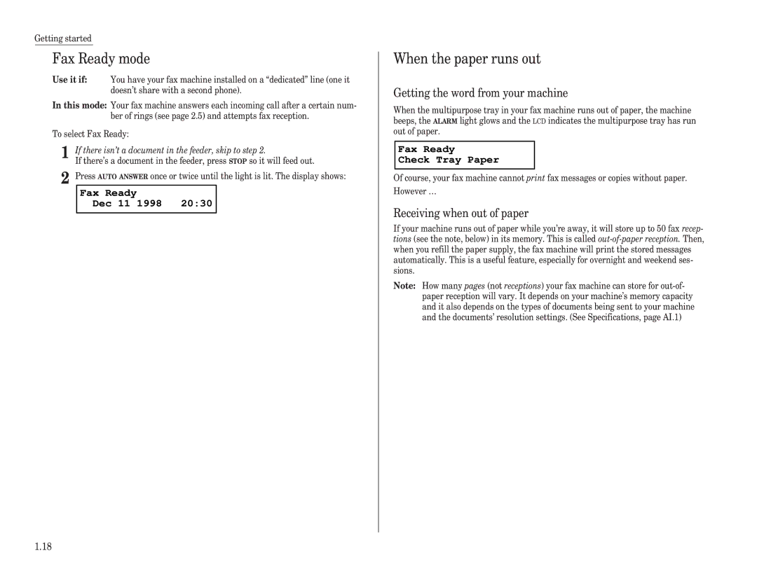 Muratec F-98 Fax Ready mode, When the paper runs out, Fax Ready Dec 11 1998, Fax Ready Check Tray Paper 